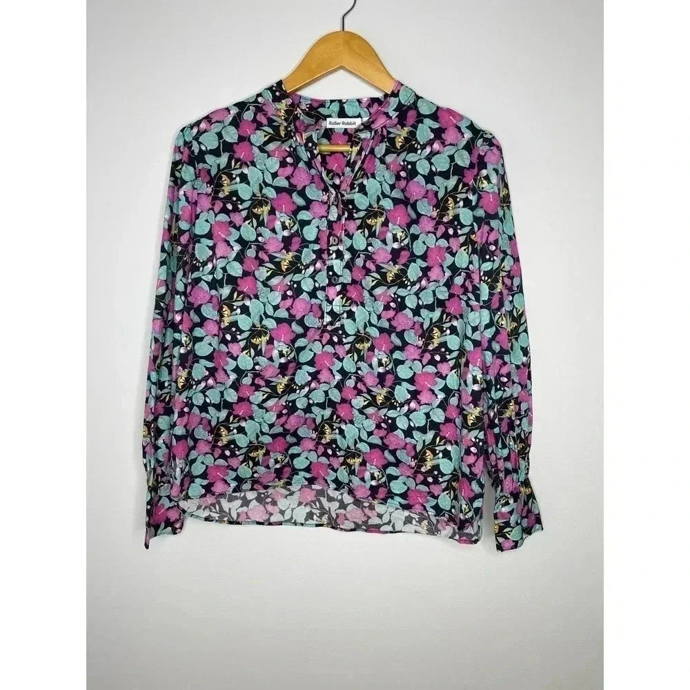 Roller Rabbit Manusa Glenda Cotton Size Top size M Floral Long Sleeve - Picture 5 of 10
